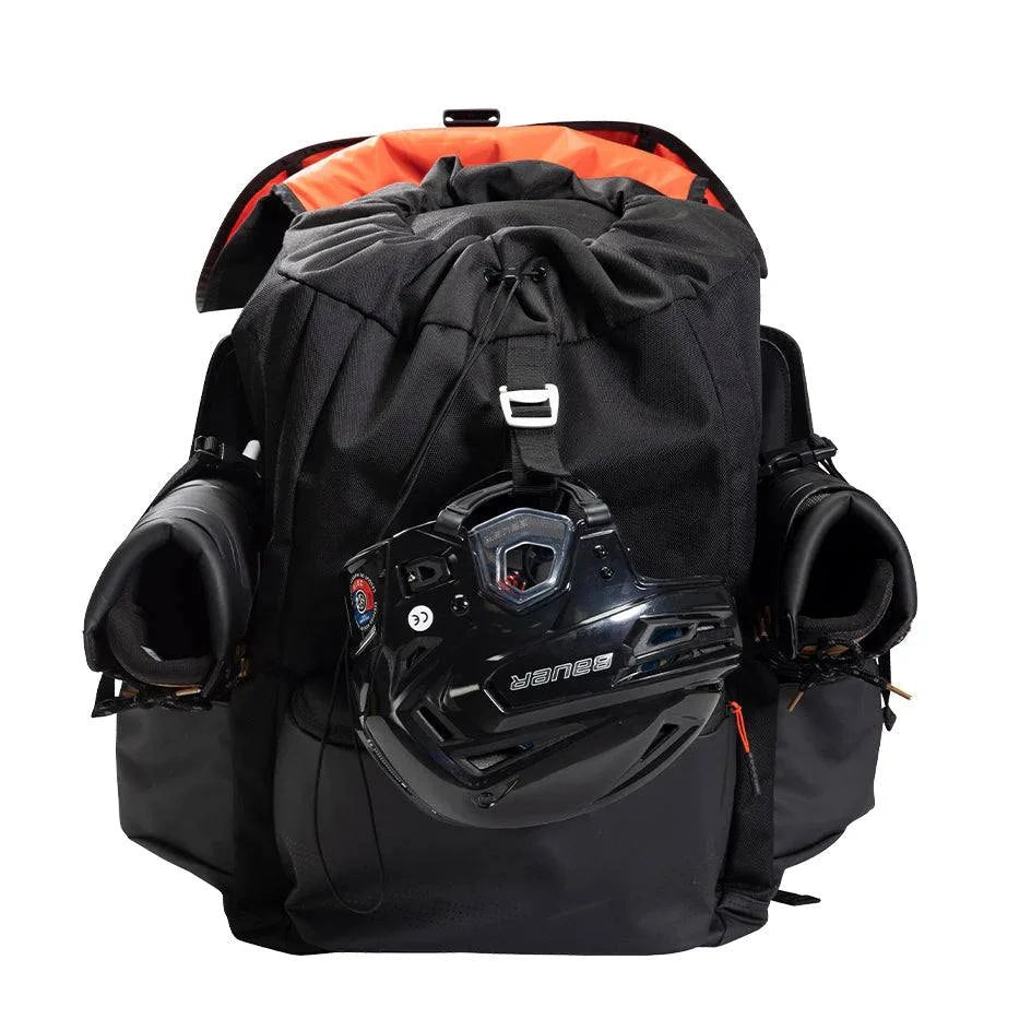 Bauer Outdoor Rink Bag with skate pockets and helmet clasp.