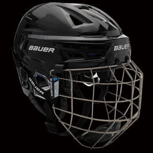 Bauer Re-akt 155 Hockey Helmet Combo, black helmet with protective cage, enhanced safety and fit technology.
