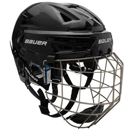 Bauer Re-akt 155 Hockey Helmet Combo, black helmet with protective cage, enhanced safety and fit technology.