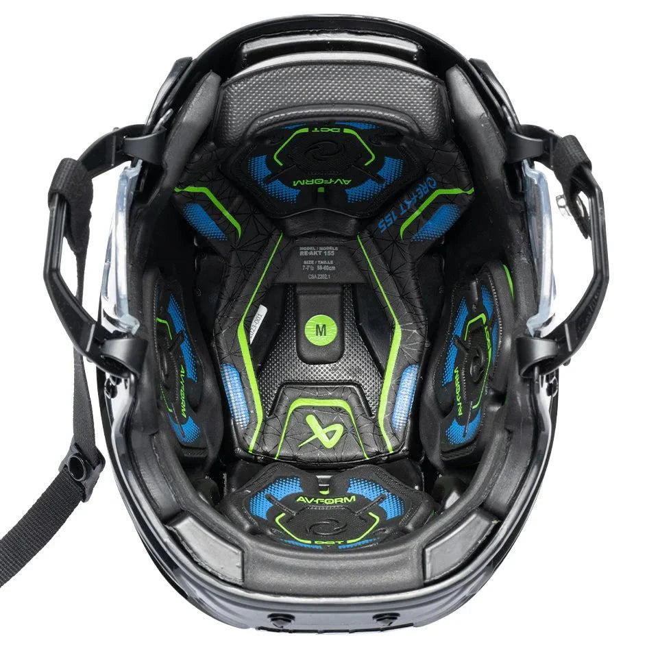 Bauer Re-Akt 155 Hockey Helmet interior view showcasing AV Form Pod and comfort technology.