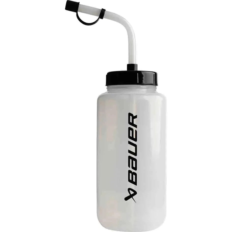 Bauer Straw Top Water Bottle with sports valve and water window, 0.95L capacity, black.