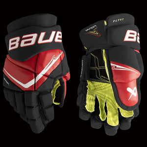 Bauer Vapor Fly40 junior hockey gloves in black and red colorway front view