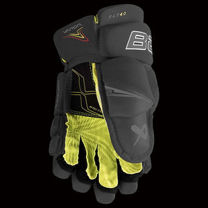 Bauer Vapor Fly40 junior hockey gloves all black showing palm construction and grip