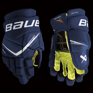 Bauer Vapor Fly40 junior hockey gloves in navy blue colorway front view