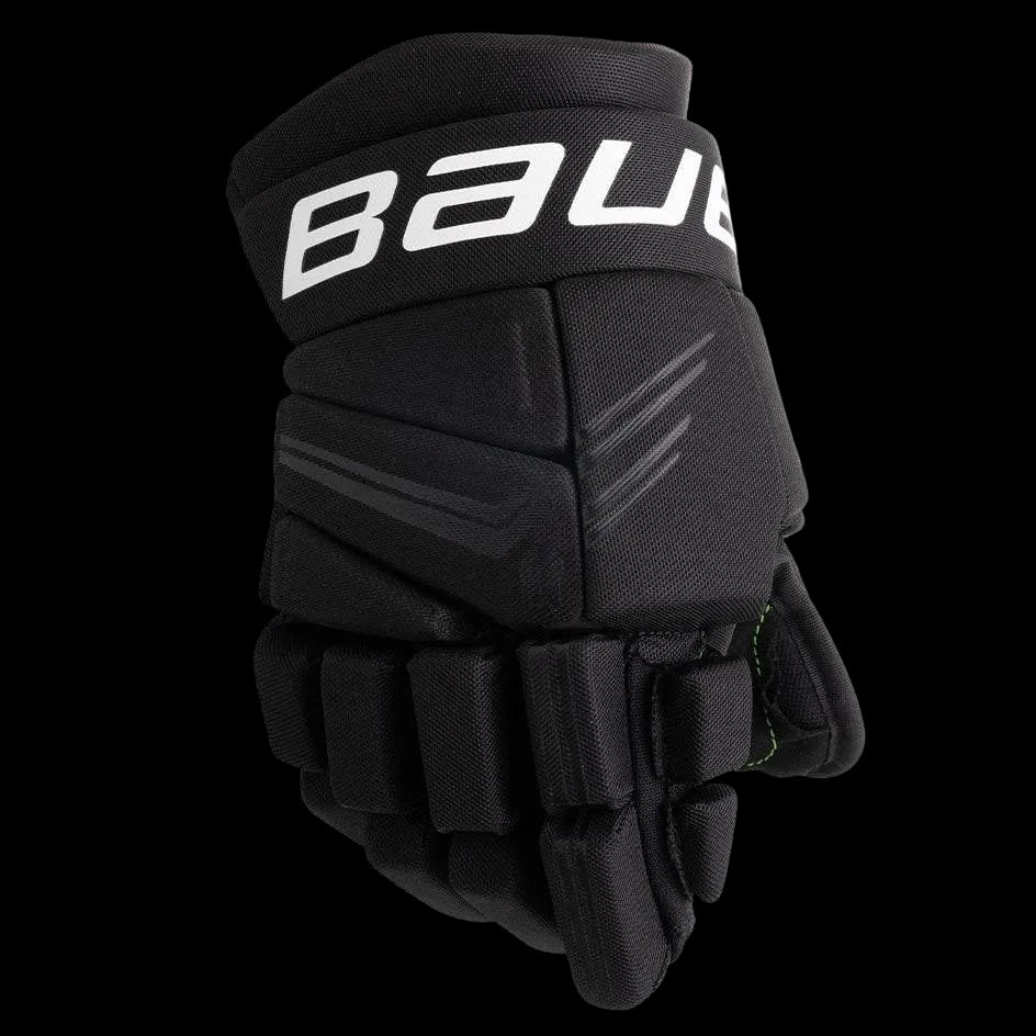 Black Bauer X S24 hockey gloves with pro-inspired design and impact protection.