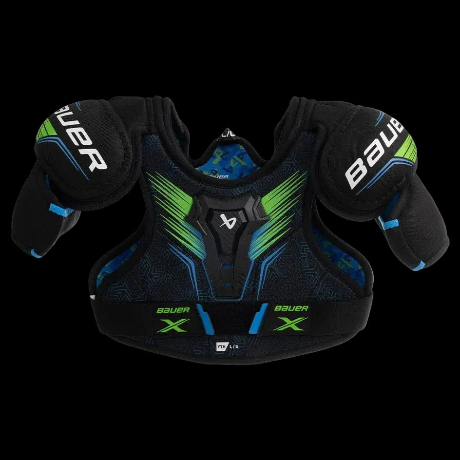 Bauer X S24 shoulder pads featuring molded sternum and FlexCell foam.