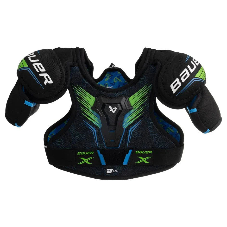 Bauer X S24 Shoulder Pads for recreational players with molded sternum and adjustable bicep features.