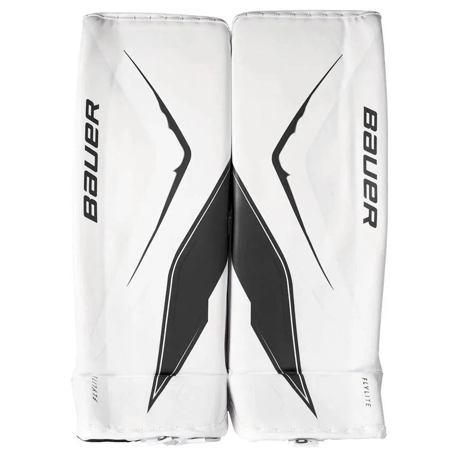Pair of elite level Bauer hockey goalie leg pads on a white background