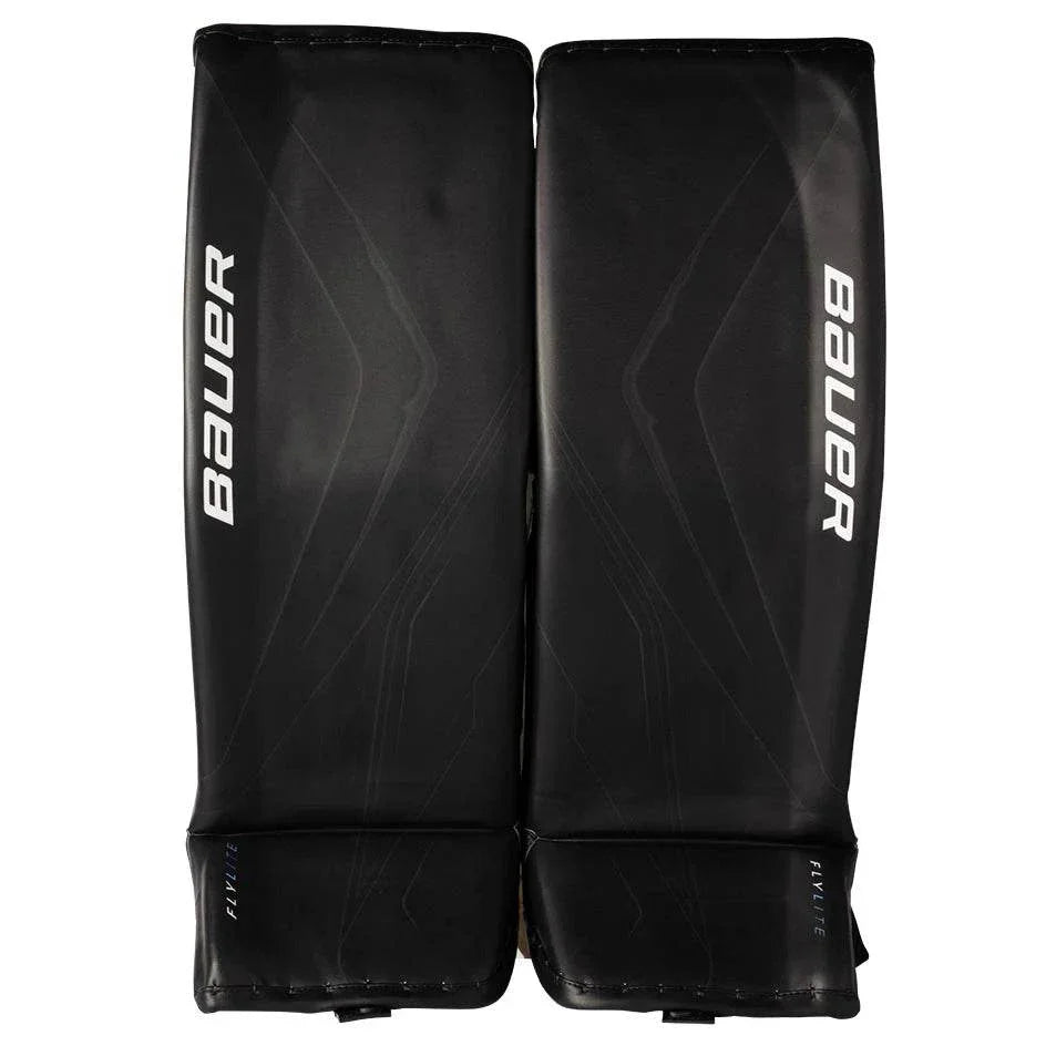 Black hockey goalie leg pads with Bauer branding on a white background