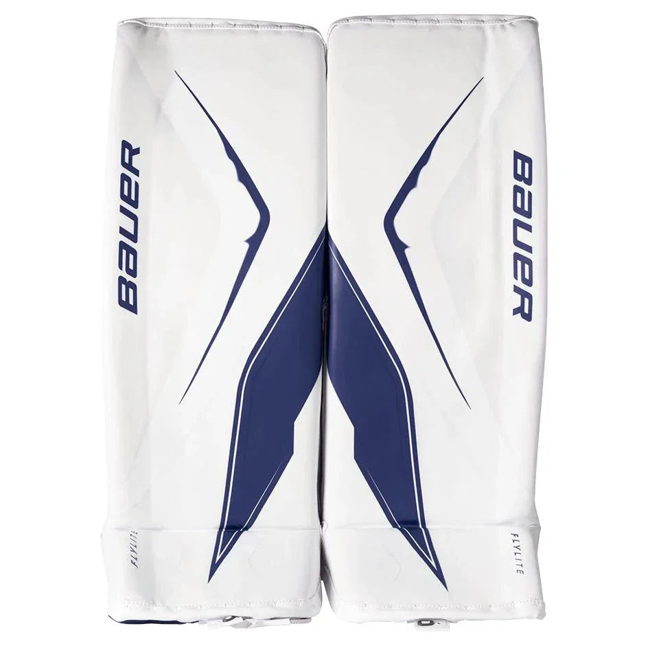 Pair of Bauer hockey goalie leg pads on a white background elite
