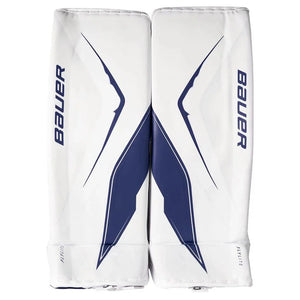 Pair of Bauer hockey goalie leg pads on a white background elite