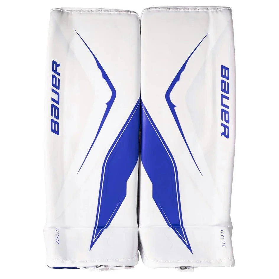 Pair of white hockey leg pads with blue accents and Bauer branding on a white background