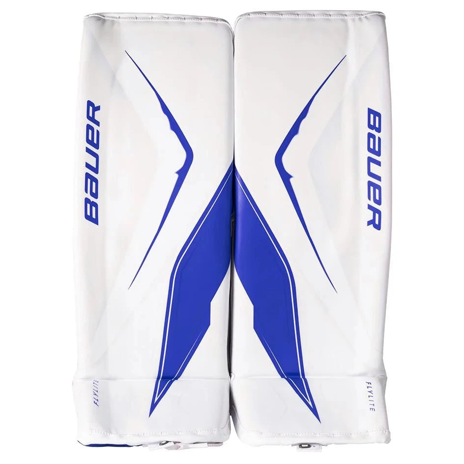 Pair of white hockey leg pads with blue accents and Bauer branding on a white background