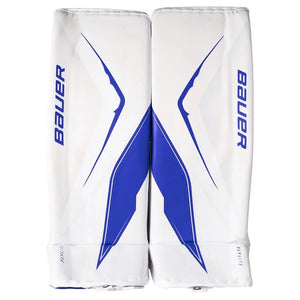 Pair of white hockey leg pads with blue accents and Bauer branding on a white background