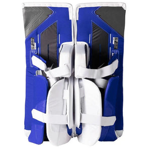Pair of blue and white Bauer Pro hockey goalie leg pads on a white background