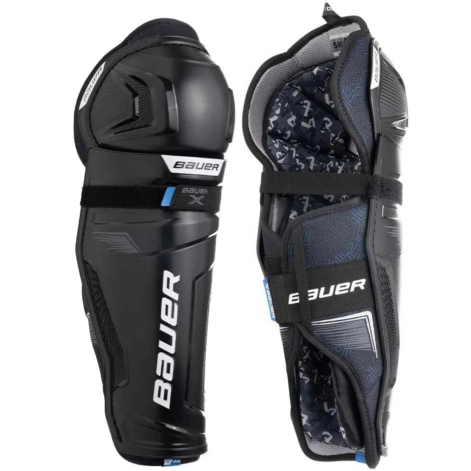 Bauer S24 X Shin Pads for recreational hockey players, black with adjustable straps.