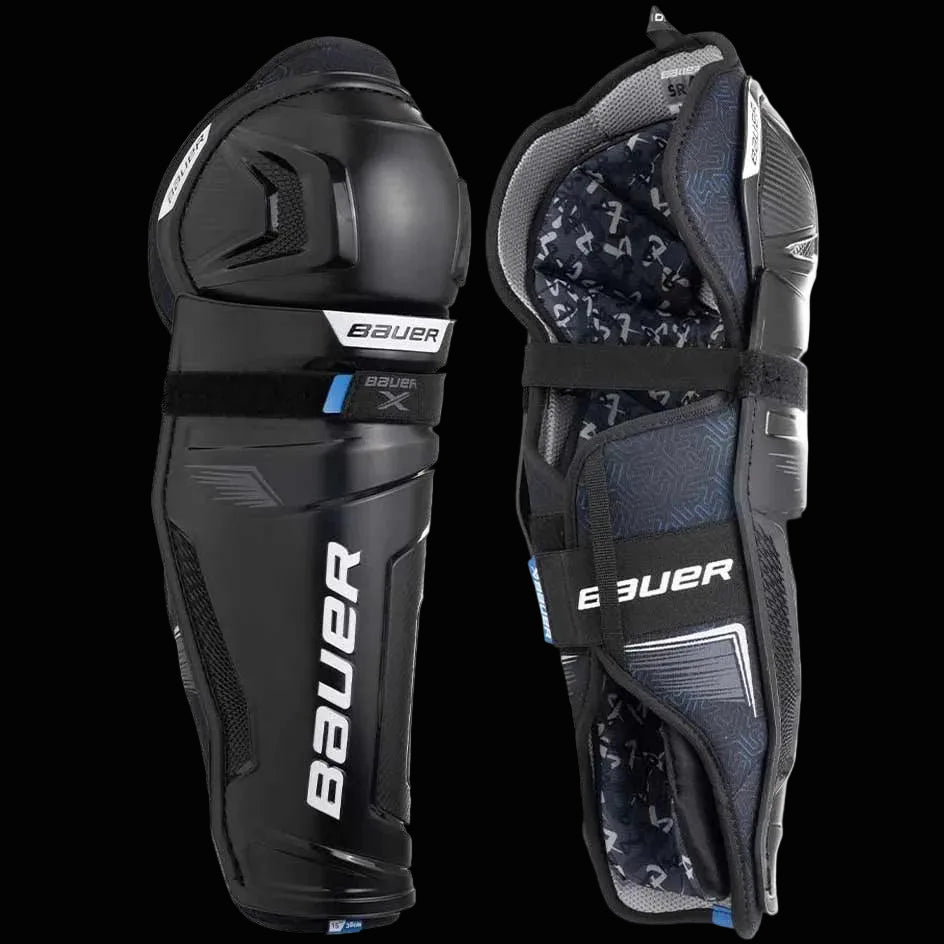 Bauer S24 X Shin Pads for recreational hockey players, black with adjustable straps.