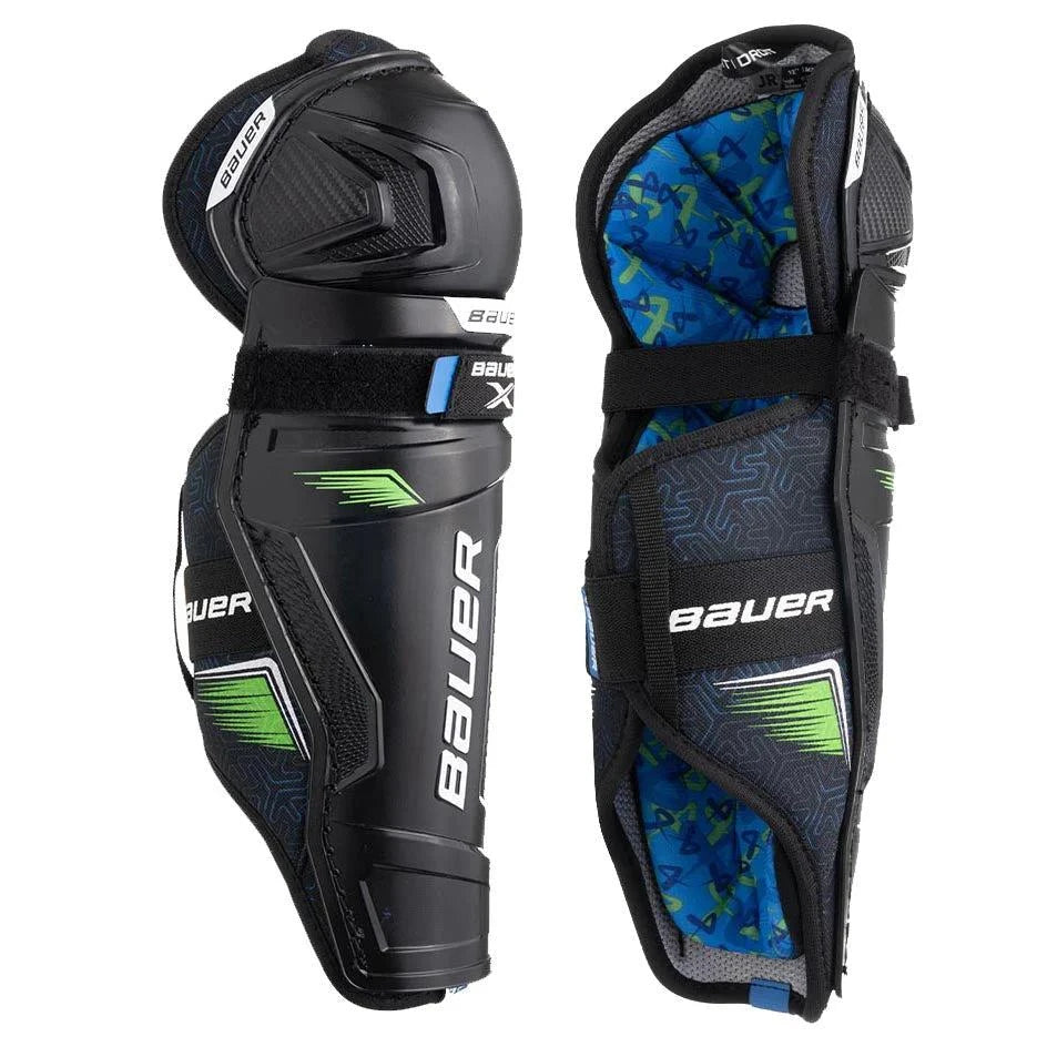 Bauer S24 X Shin Pads for recreational hockey players, black and green design.