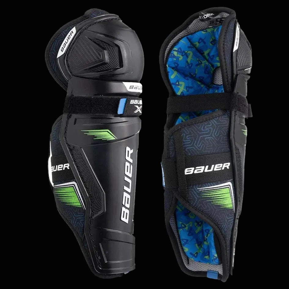 Bauer S24 X Shin Pads for recreational hockey players, black and green design.