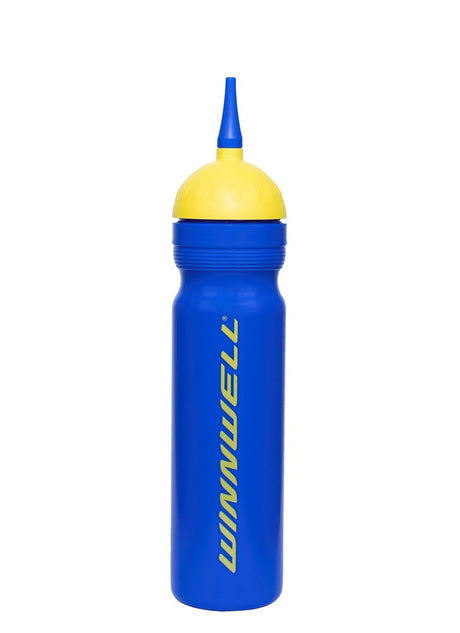 Winnwell Water/Drink Bottle 1LT, blue with yellow cap and spout.