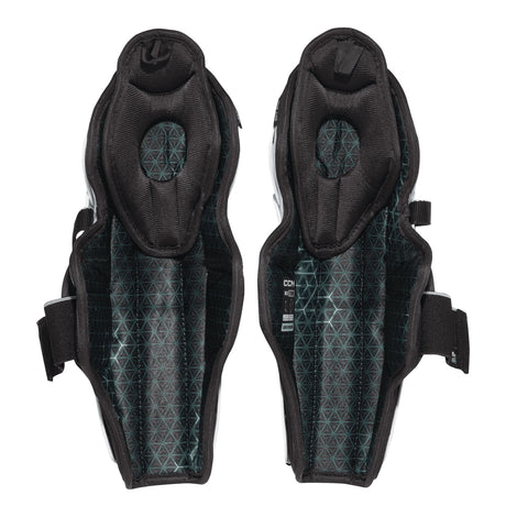 CCM Jetspeed FTW Shin Guards for women, black anatomical design, pro-grade protection, ventilated PE shin cap.