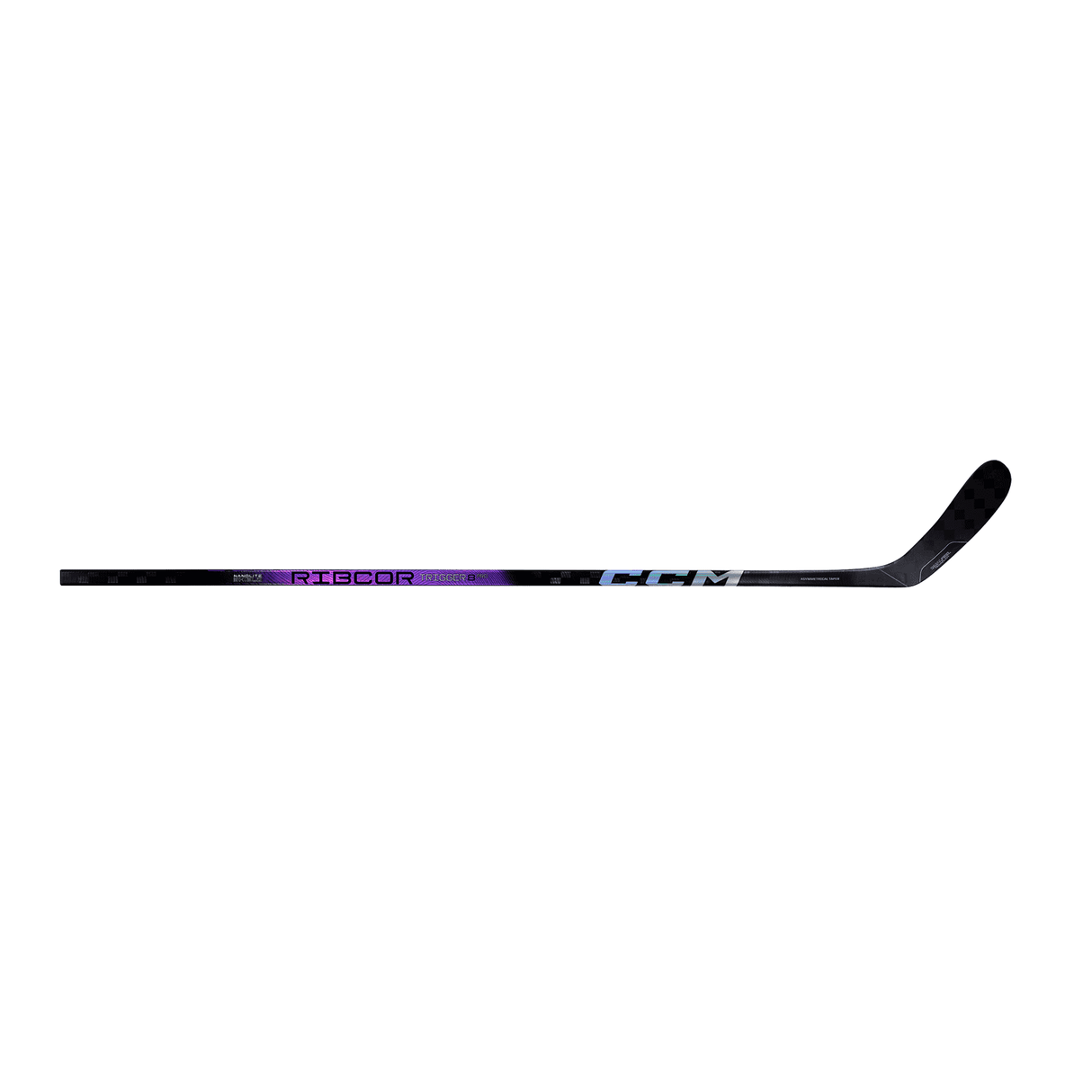 CCM Ribcor Trigger 8 Pro Ice Hockey Stick, ergonomic shaft, agility blade, black and purple design.