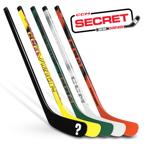 CCM Secret Mini Sticks 2025 collectible hockey sticks featuring Vizion, Ribcor Trigger 10 Pro, Jetspeed FTW, and mystery rare sticks