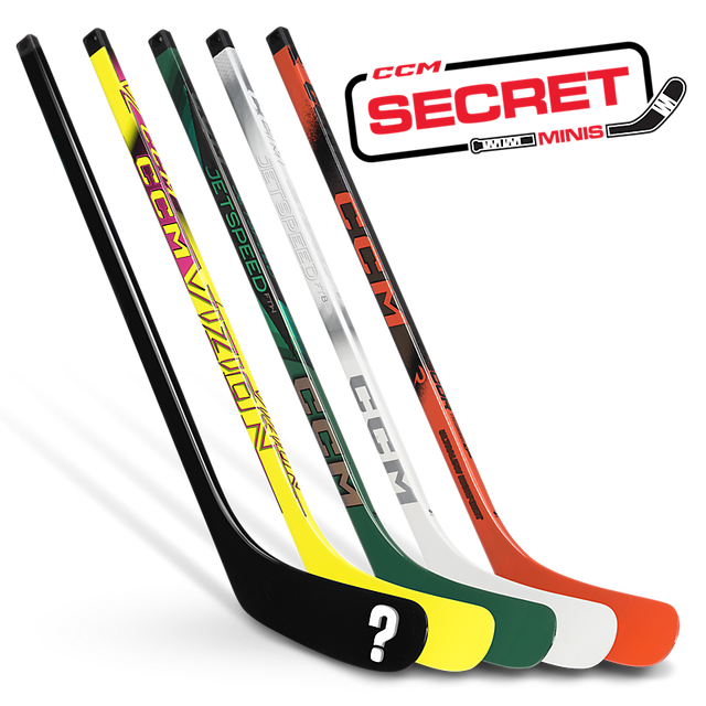 CCM Secret Mini Sticks 2025 collectible hockey sticks featuring Vizion, Ribcor Trigger 10 Pro, Jetspeed FTW, and mystery rare sticks