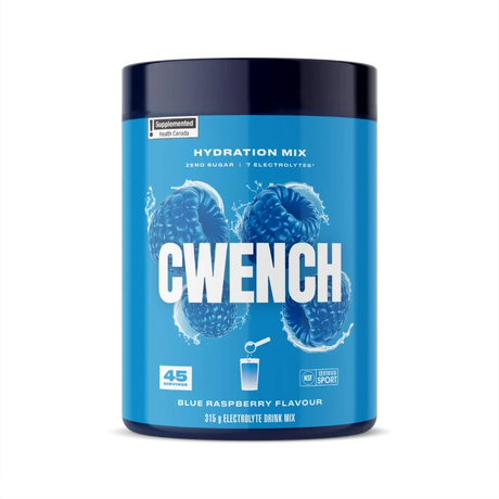 CWENCH Electrolyte Mix 315g in Blue Raspberry flavor for hydration and performance boost.