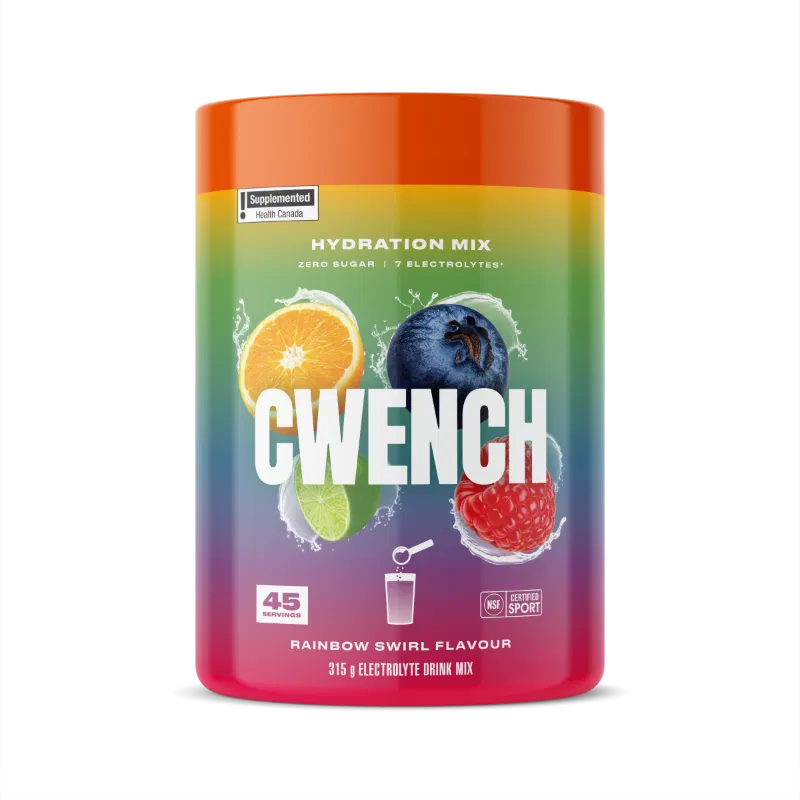 CWENCH Electrolyte Mix 315g in Rainbow Swirl flavor enhances hydration for workouts.