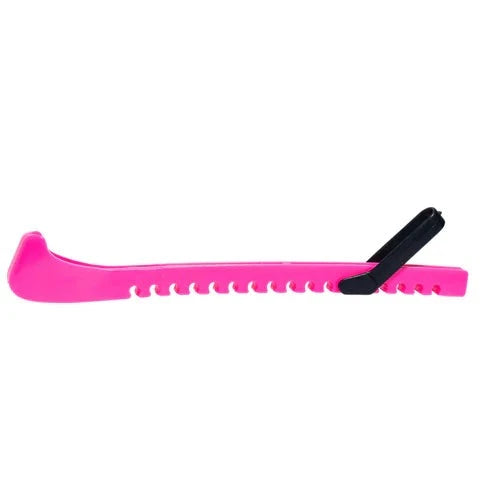 Pink ice hockey skate guard with adjustable fit and durable hook.