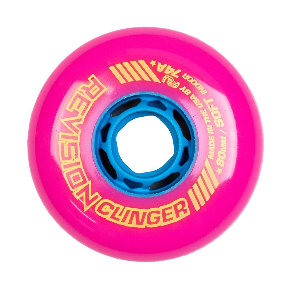 Revision Clinger Indoor Wheel, pink with blue core, offers quality grip and durability.