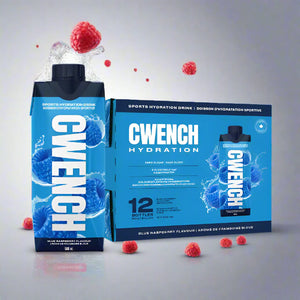 Gwench hydration drink package with blue and black design on a white background