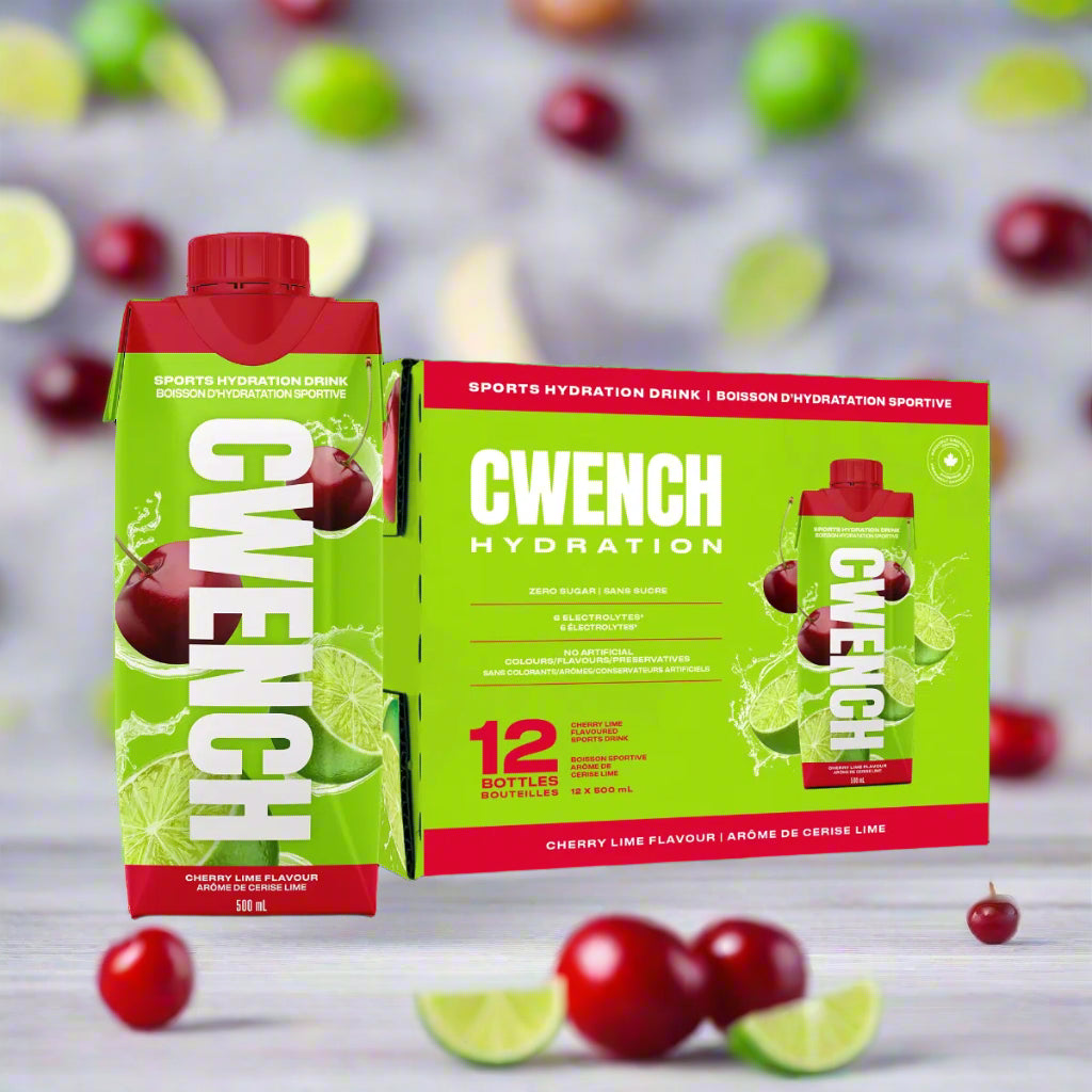Gwench Hydration sports drink packaging with cherry lime flavor on a white background