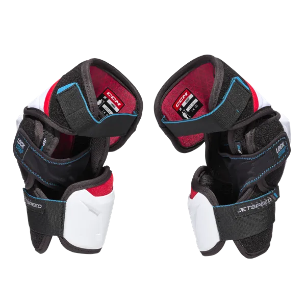 CCM Jetspeed FT6 Elbow Pads with Flexmotion design and AER-TEC thermoregulation system for mobility and ventilation.