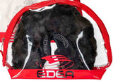 Edea Eco Fur Blade Covers with synthetic mink and rhinestones in red packaging.