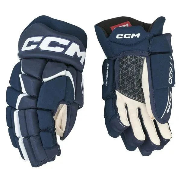 CCM Jetspeed FT680 Hockey gloves in navy blue, durable and breathable design.