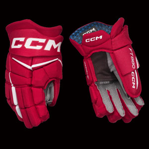 CCM JetSpeed FT880 hockey gloves in red and white showing cuff and wrist protection