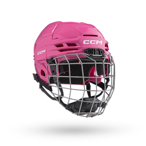 CCM Tacks 70 Helmet Combo for kids aged 7-10 with flip clip system, pink design, and vented shell.
