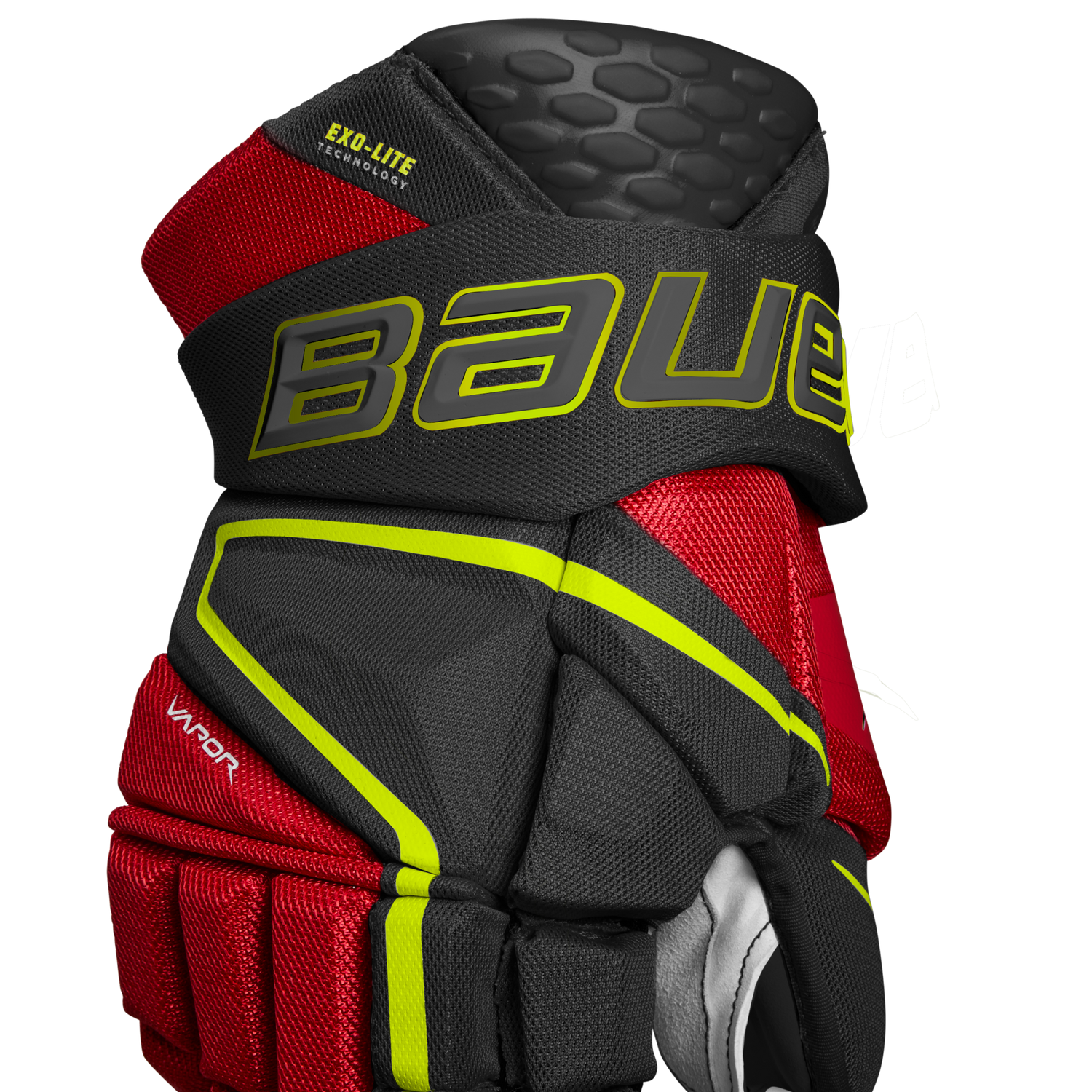 Bauer Vapor Hyperlite Hockey Gloves, red and black design, lightweight protection, Defense Cloud Tech foam, DuraCONNEKT palm, molded SHOCKLITE pad.