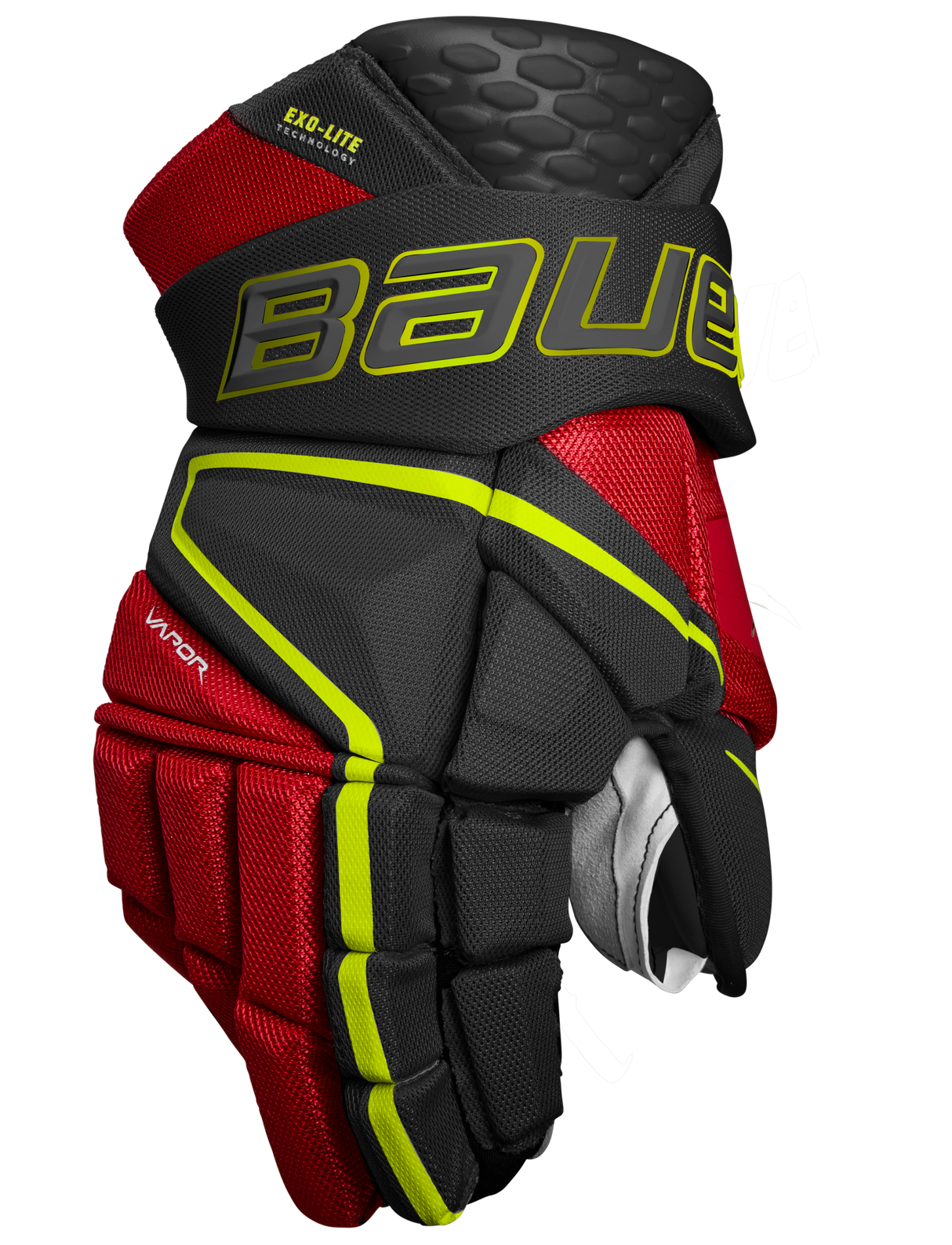 Bauer Vapor Hyperlite Hockey Gloves, red and black design, lightweight protection, Defense Cloud Tech foam, DuraCONNEKT palm, molded SHOCKLITE pad.