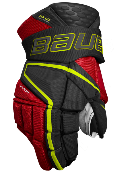 Bauer Vapor Hyperlite Hockey Gloves, red and black design, lightweight protection, Defense Cloud Tech foam, DuraCONNEKT palm, molded SHOCKLITE pad.