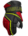 Bauer Vapor Hyperlite Hockey Gloves, red and black design, lightweight protection, Defense Cloud Tech foam, DuraCONNEKT palm, molded SHOCKLITE pad.