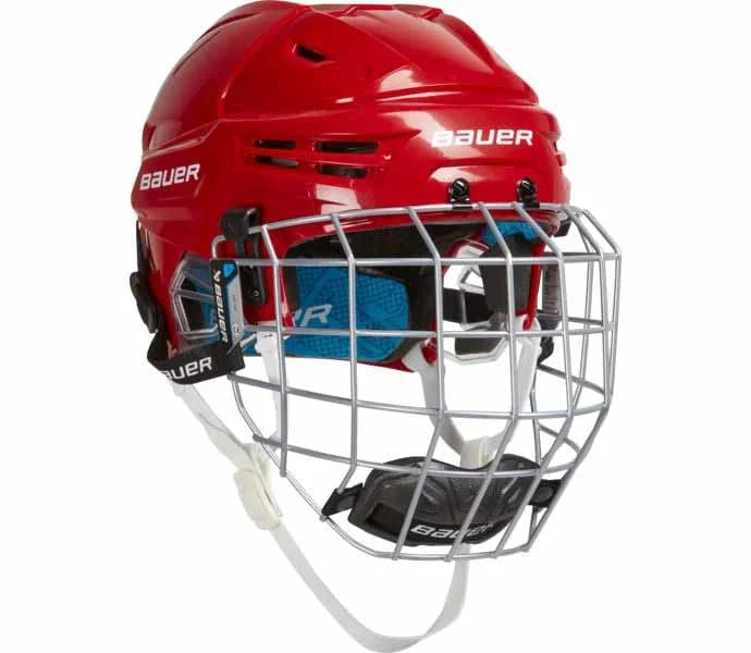 Red Bauer Re-akt 65 Helmet Combo with face cage and tool-less adjustments.