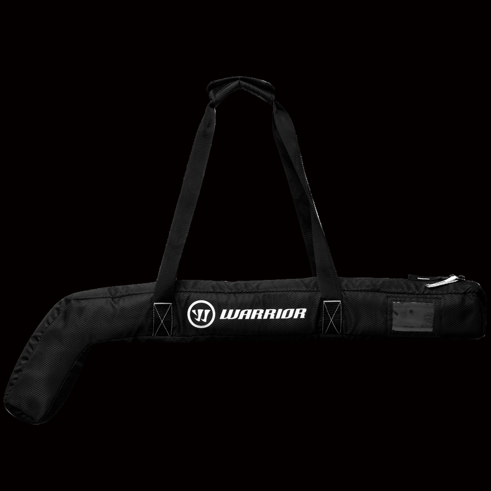 Black Warrior mini stick bag with reinforced stitching, a strap, and an external clear ID window, designed to hold 5 mini hockey sticks.