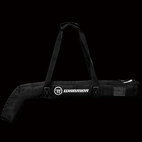 Black Warrior mini stick bag with reinforced stitching, a strap, and an external clear ID window, designed to hold 5 mini hockey sticks.