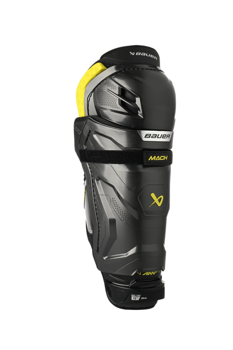 Bauer Supreme MACH Shin Pads with X-FLEX Shield Cap for enhanced protection and flexibility.