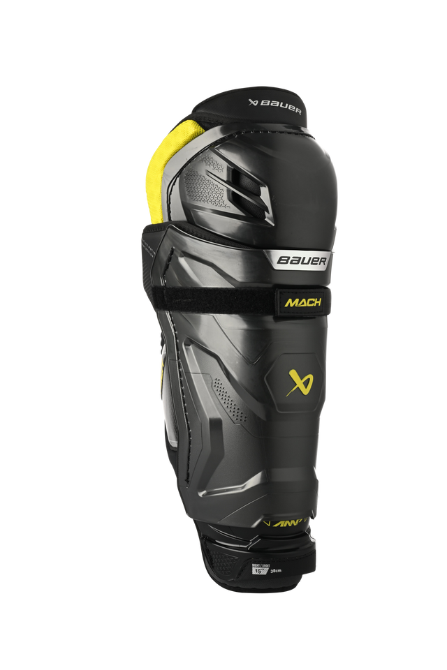 Bauer Supreme MACH Shin Pads with X-FLEX Shield Cap for enhanced protection and flexibility.