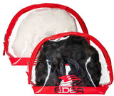 Edea Eco Fur Blade Covers with synthetic mink and rhinestone logo, in black and white, packaged in clear cases.