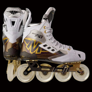 A pair of Mission Inhaler FS1 Inline Hockey Skates with white wheels, gold accents, and a gray and black color scheme.
